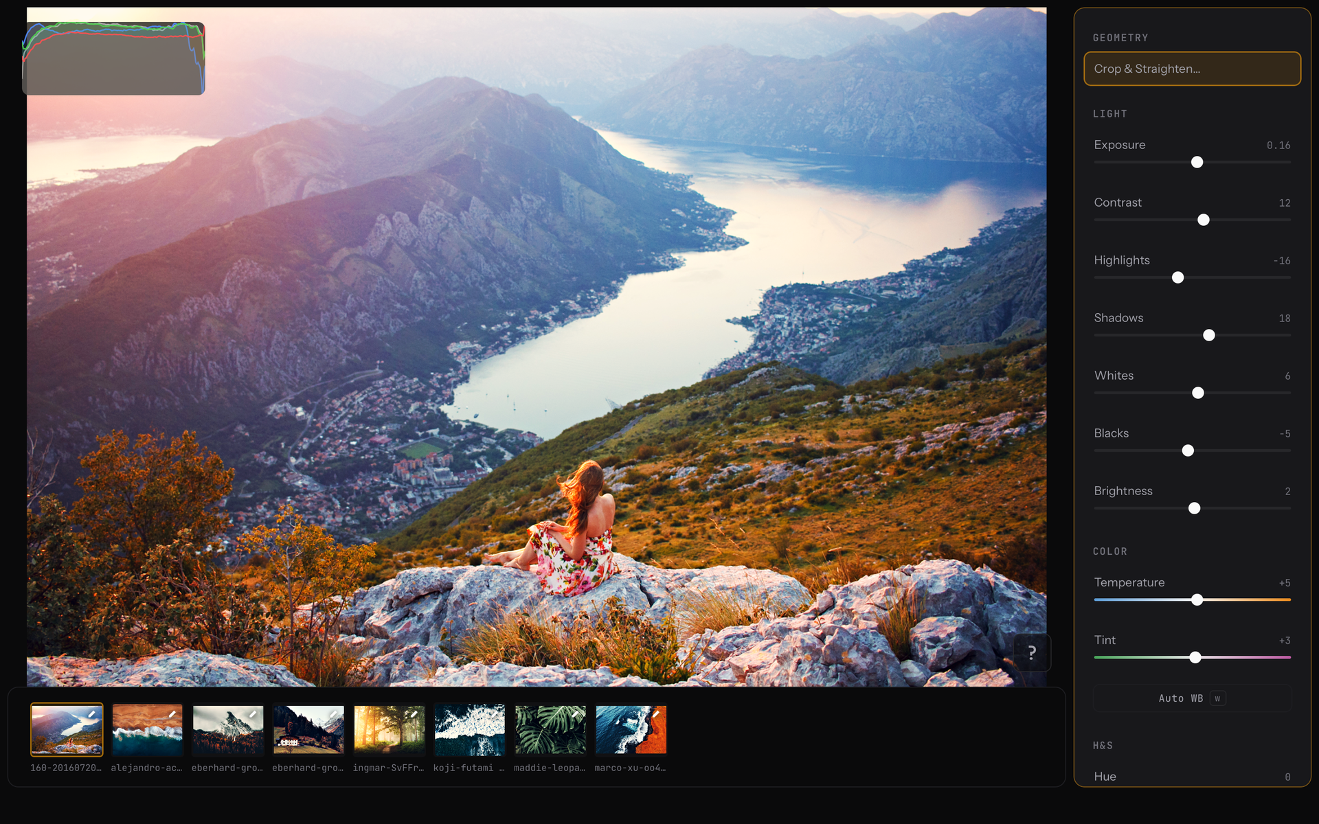 Darkslide editor — keyboard-driven photo adjustments with histogram, curve editor, and filmstrip